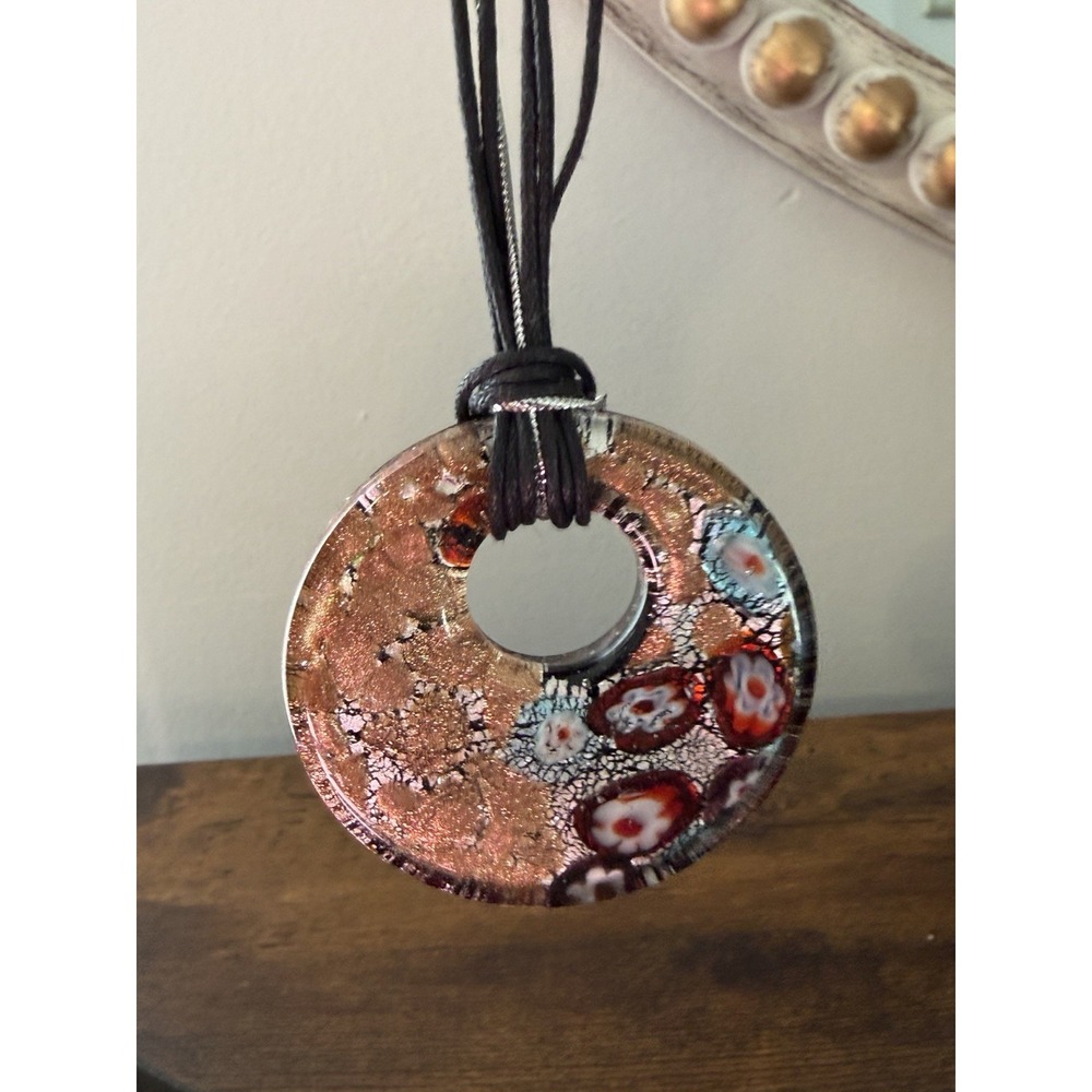 Italian Murano Style Millefiori‎ Glass Pendant Gold Aventurine Necklace 2"